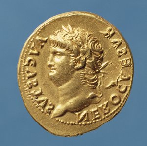 Aureus (avers) de Néron (54-68 après J.-C.) portant une couronne de laurier. Inscription : NERO CAESAR AVGVSVS - Roman